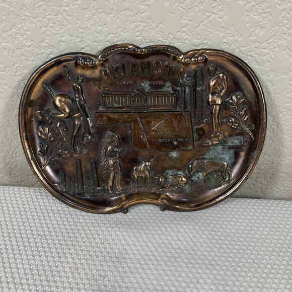 Other - Vintage OKLAHOMA Copper Finished Trinket Tray Embossed Designs Made In Japan